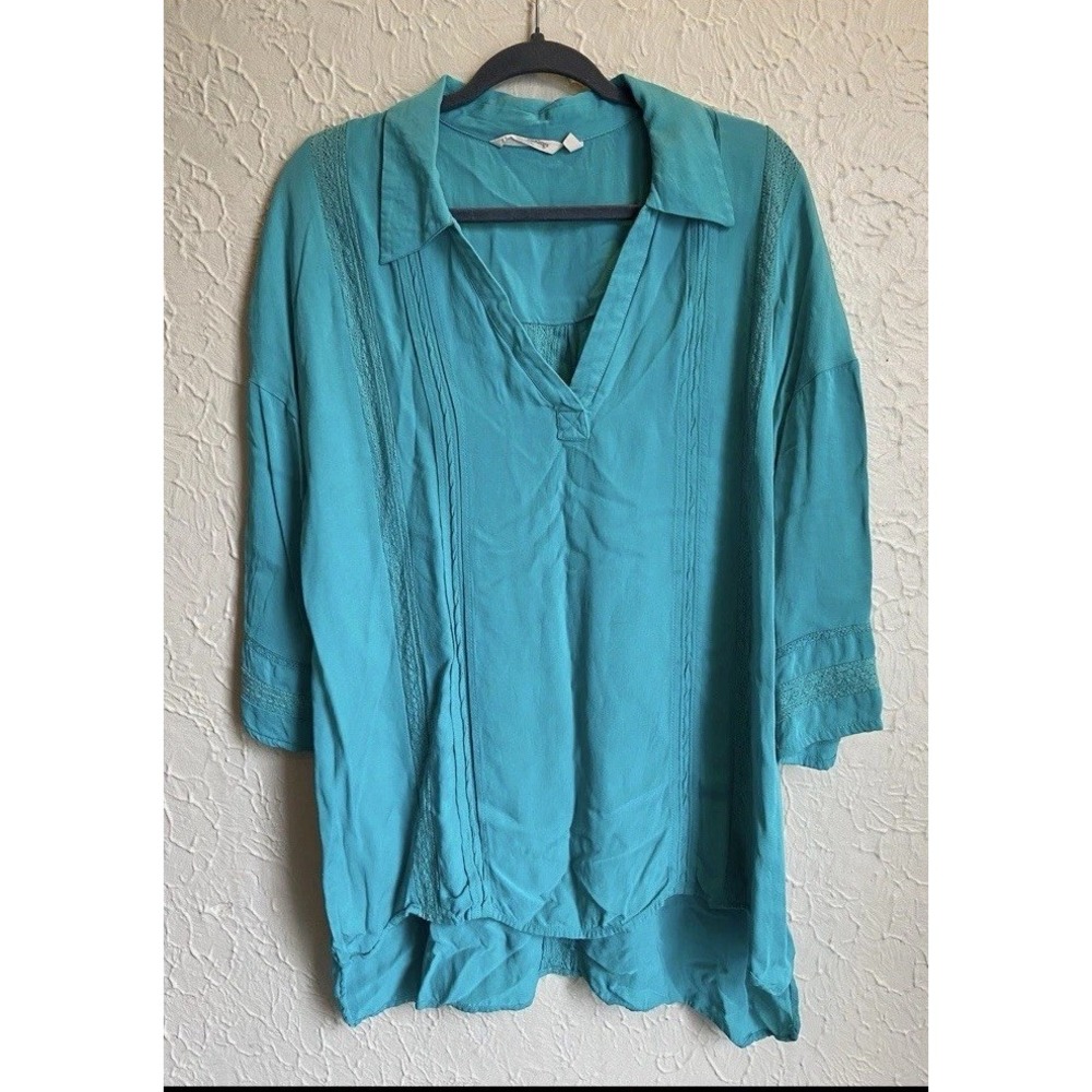 Soft Surrounding Teal Tunic Pleated Blouse Top Sz XL Boho Beachy Flowy Nautical